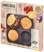 Laib & Seele, Burger Brötchen, 28 x 28 cm, Einzelform Ø 12cm, Höhe 3 cm, für 4 Stück, mit Antihaftbeschichtung, mit Rezept